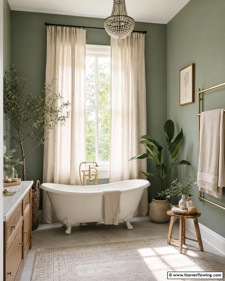 Cream Curtains with Sage Green Walls - 20 Elegant Sage Green and Cream Bathroom Ideas