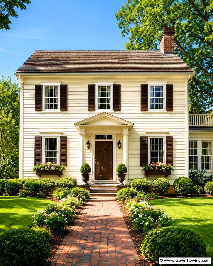 Cream Exterior with Brown Shutters and Doors - 25 Cream and Brown House Exterior Ideas for Warmth