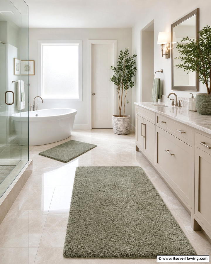 Cream Flooring with Sage Green Rugs - 20 Elegant Sage Green and Cream Bathroom Ideas