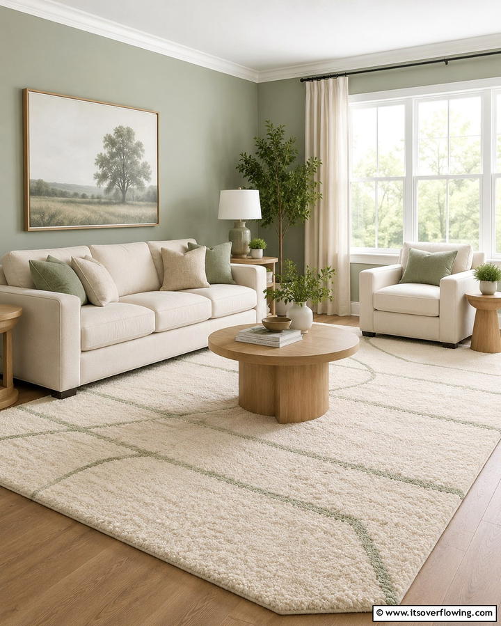 Cream Rugs with Sage Green Accents - 25 Sage Green and Cream Living Room Ideas for Serenity