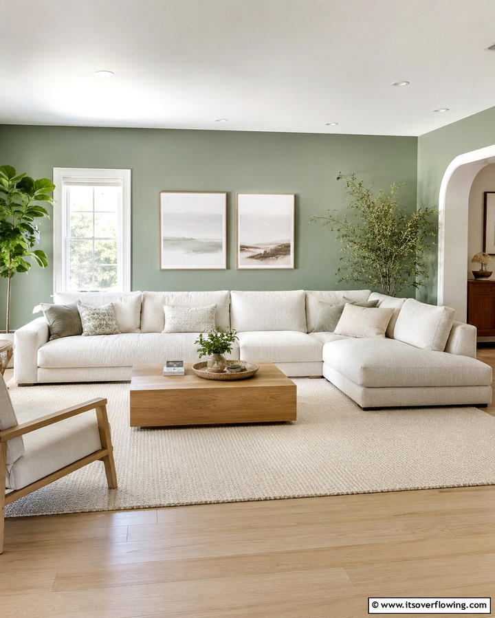 Cream Sectional with Sage Green Accent Wall - 25 Sage Green and Cream Living Room Ideas for Serenity