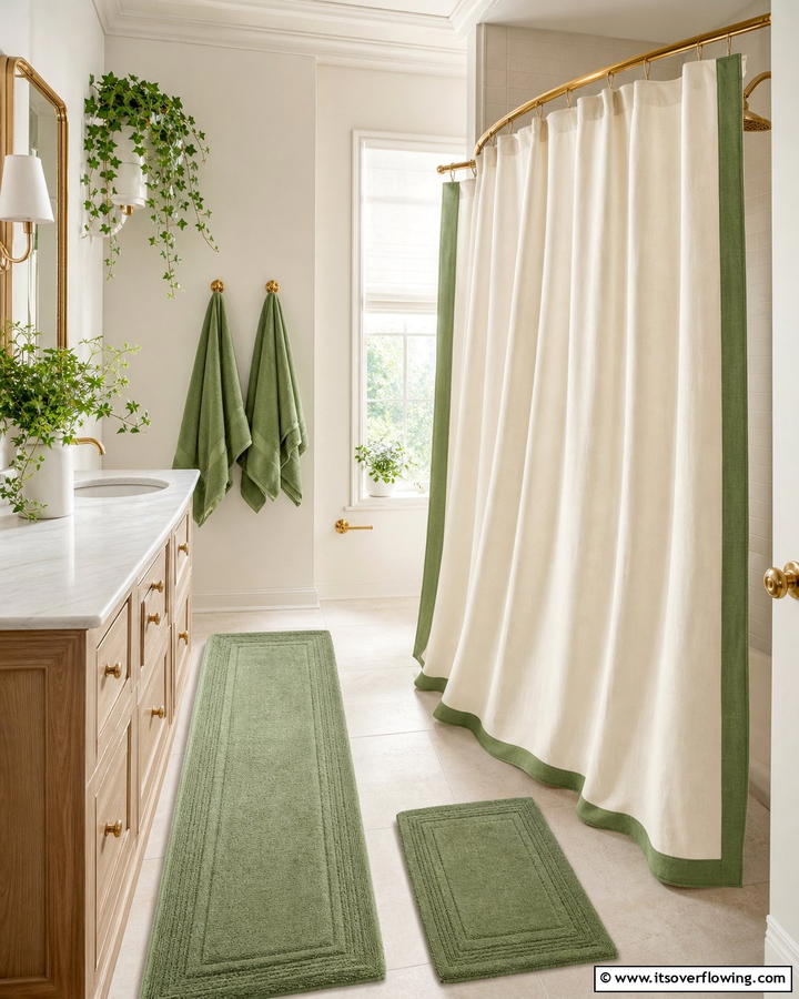 Cream Shower Curtain with Sage Green Trim - 20 Elegant Sage Green and Cream Bathroom Ideas