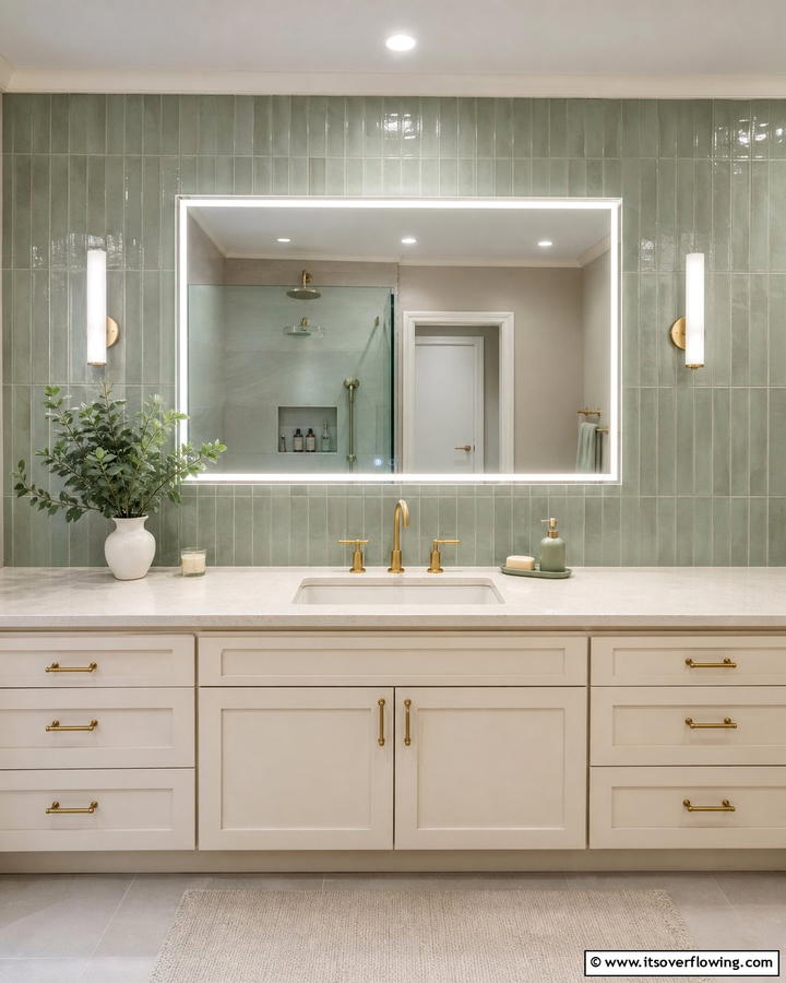 Cream Sink with Sage Green Backsplash - 20 Elegant Sage Green and Cream Bathroom Ideas