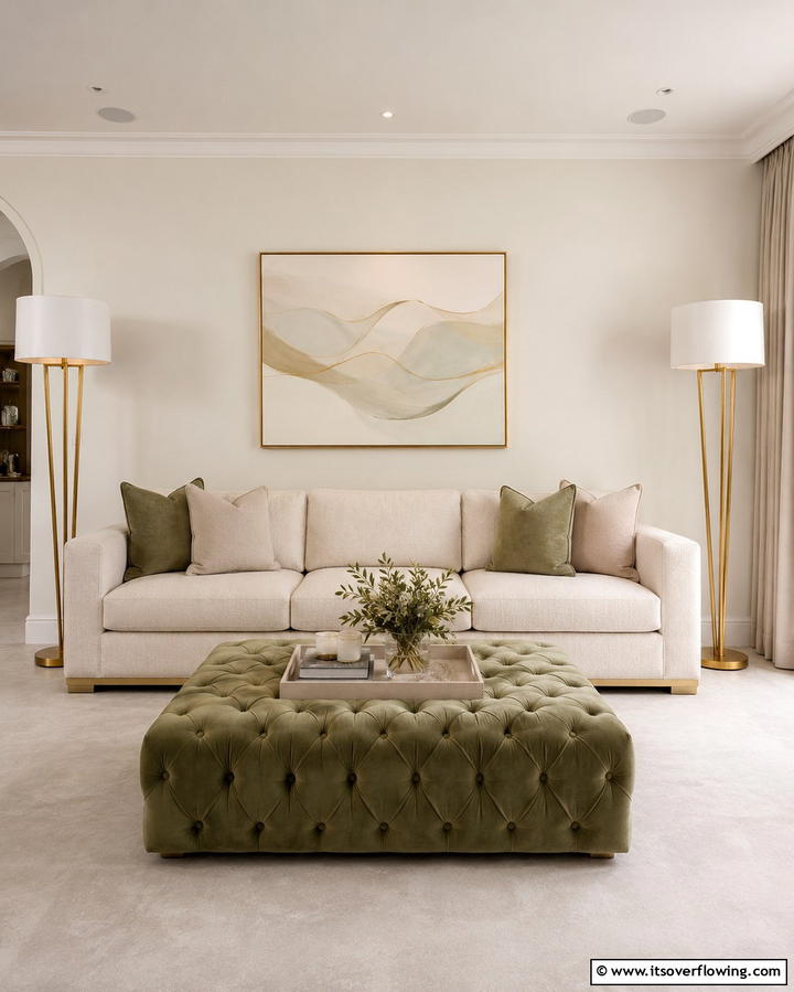 Cream Sofa with Sage Green Ottoman - 25 Sage Green and Cream Living Room Ideas for Serenity