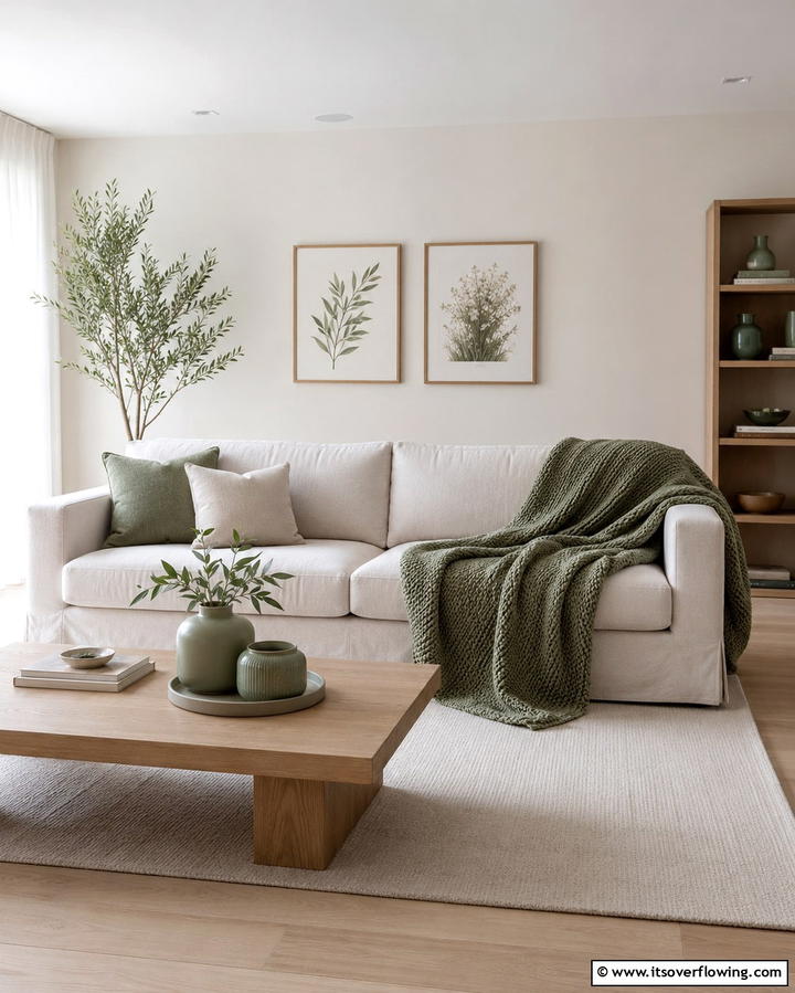 Cream Sofa with Sage Green Throws - 25 Sage Green and Cream Living Room Ideas for Serenity