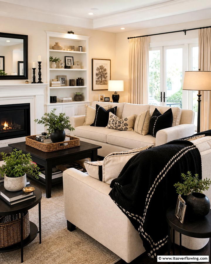 Cream Sofas with Black Throw Blankets - 25 Cream and Black Living Room Ideas for Elegance
