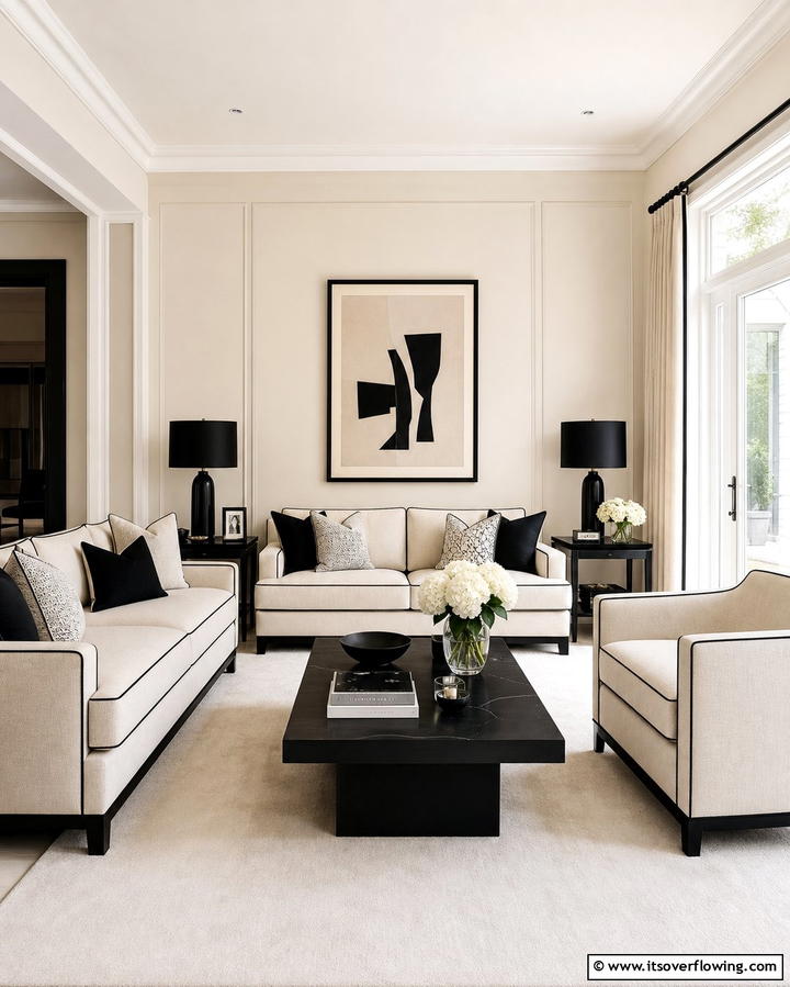 Cream Sofas with Black Trim - 25 Cream and Black Living Room Ideas for Elegance