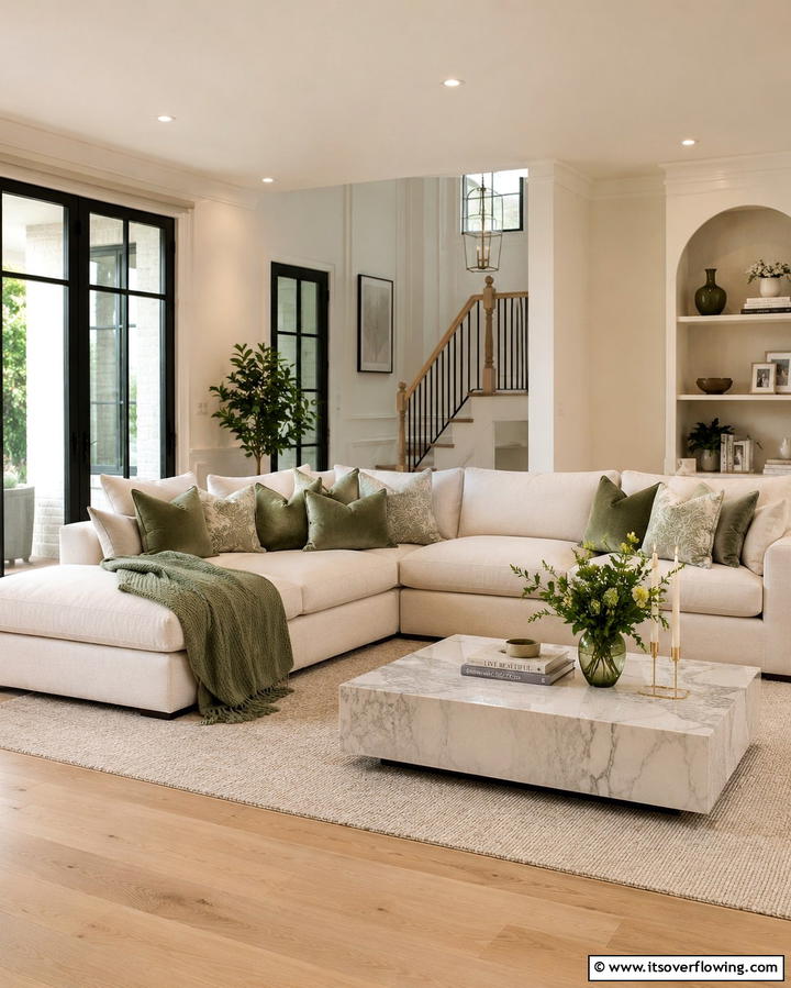 Cream Sofas with Sage Green Throw Pillows - 25 Sage Green and Cream Living Room Ideas for Serenity