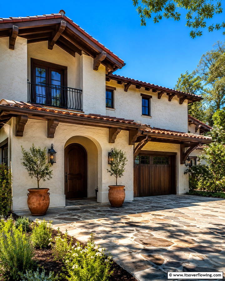 Cream Stucco Walls with Brown Wooden Beams - 25 Cream and Brown House Exterior Ideas for Warmth