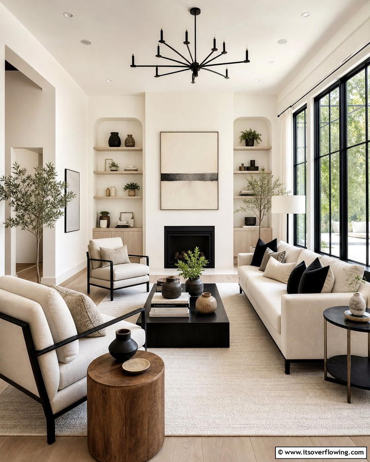 Cream Upholstery with Black Frames - 25 Cream and Black Living Room Ideas for Elegance