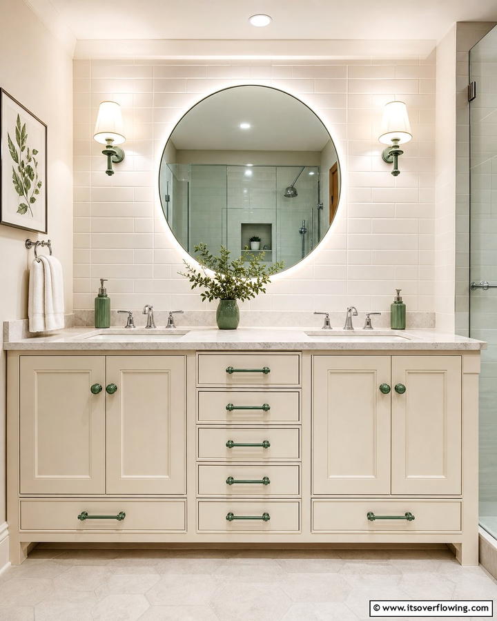 Cream Vanity with Sage Green Hardware - 20 Elegant Sage Green and Cream Bathroom Ideas