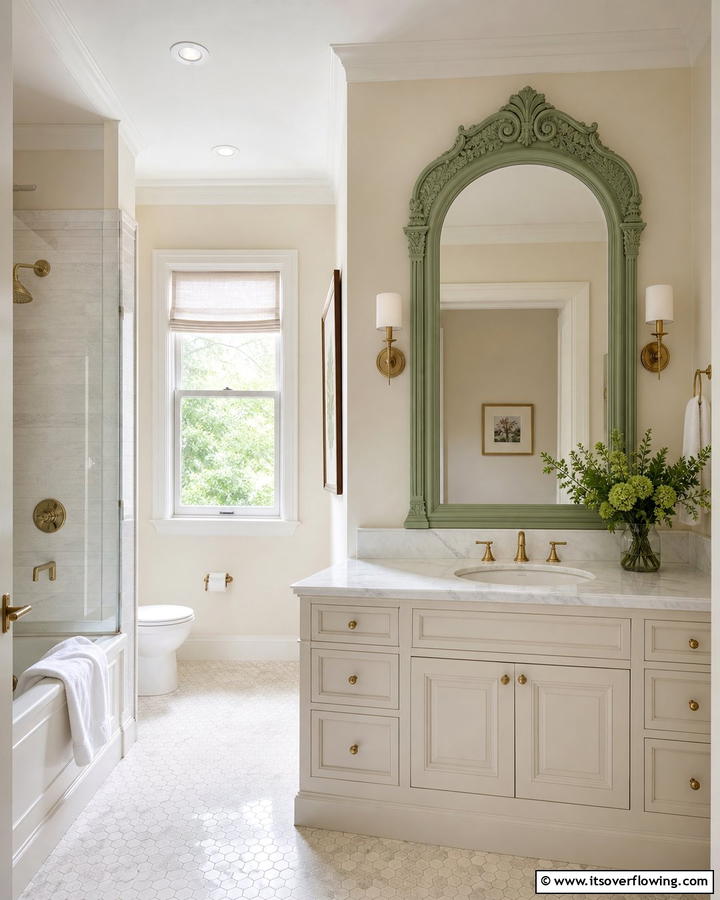 Cream Walls with Sage Green Mirrors - 20 Elegant Sage Green and Cream Bathroom Ideas