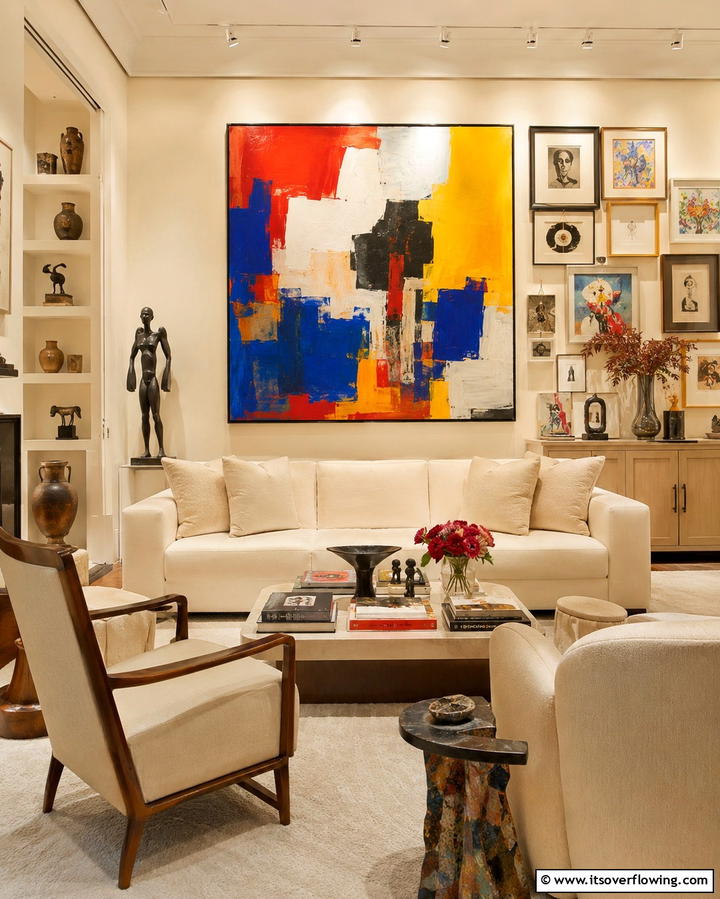 Cream and Artful Displays - 25 Cream Living Room Ideas for Elegant Spaces