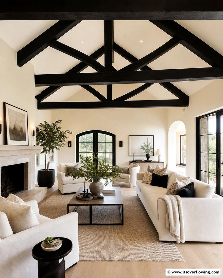 Cream and Black Ceiling Beams - 25 Cream and Black Living Room Ideas for Elegance