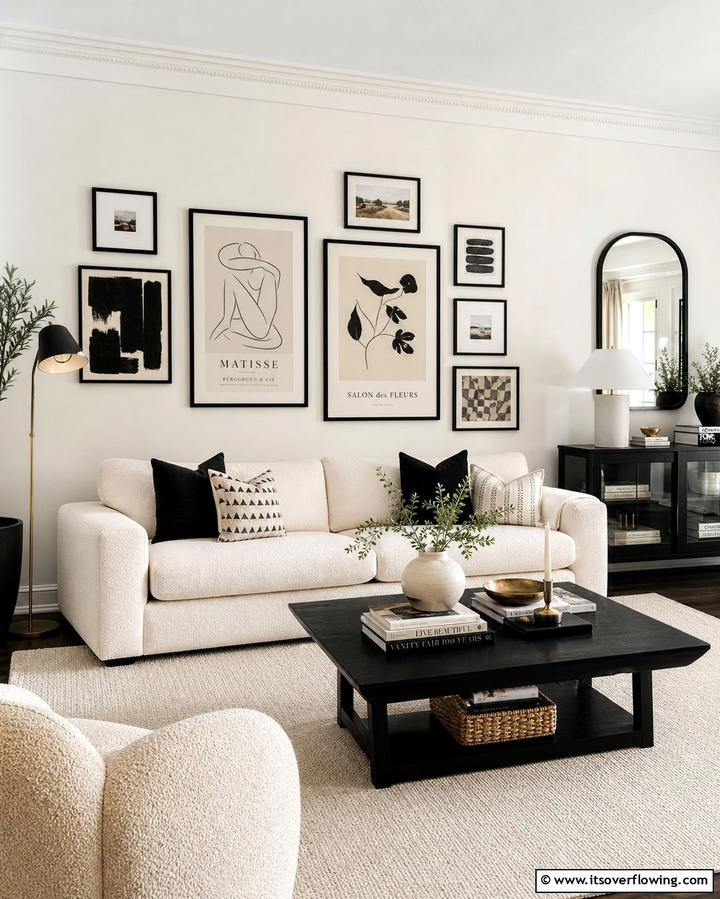 Cream and Black Gallery Wall - 25 Cream and Black Living Room Ideas for Elegance