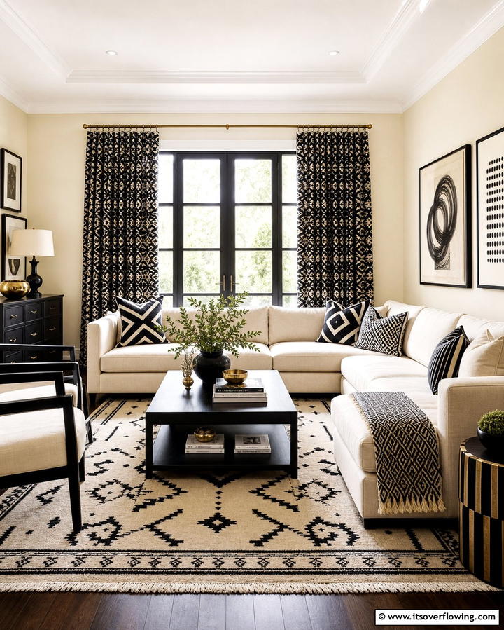 Cream and Black Patterns on Textiles - 25 Cream and Black Living Room Ideas for Elegance