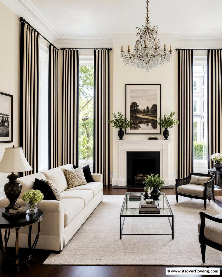Cream and Black Striped Curtains - 25 Cream and Black Living Room Ideas for Elegance