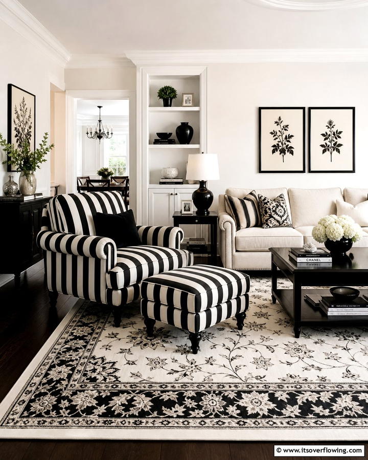 Cream and Black Striped Upholstery - 25 Cream and Black Living Room Ideas for Elegance
