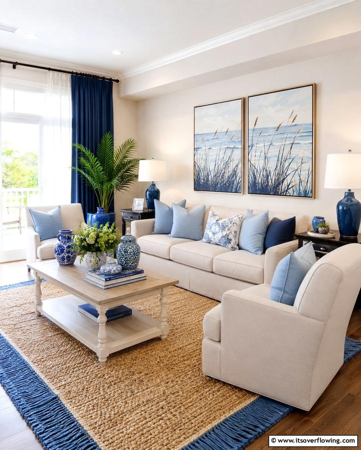 Cream and Blue Accents - 25 Cream Living Room Ideas for Elegant Spaces