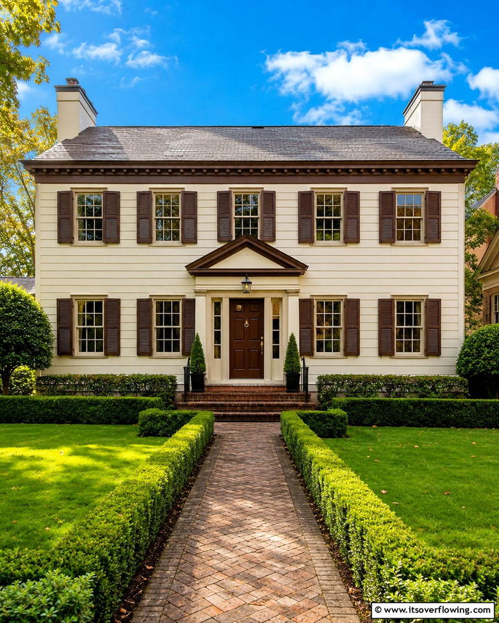 Cream and Brown Colonial Exterior - 25 Cream and Brown House Exterior Ideas for Warmth