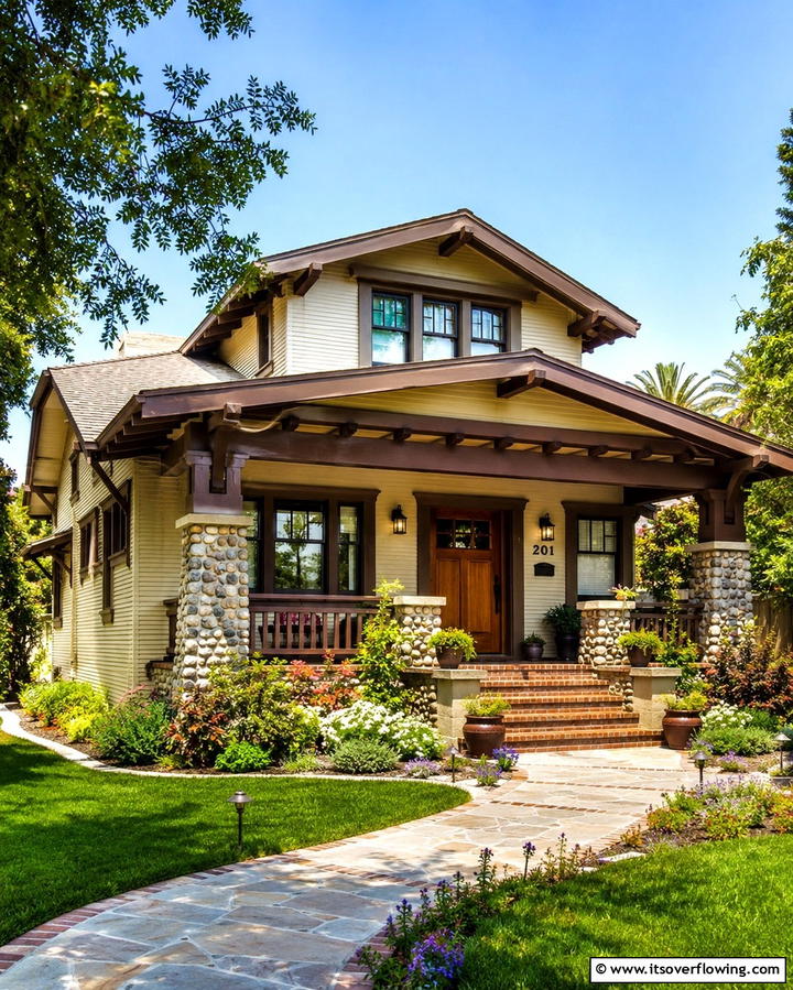 Cream and Brown Craftsman Bungalow - 25 Cream and Brown House Exterior Ideas for Warmth