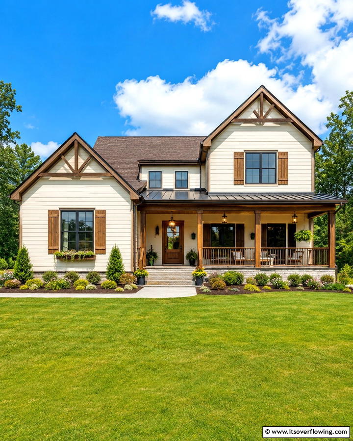 Cream and Brown Modern Farmhouse - 25 Cream and Brown House Exterior Ideas for Warmth