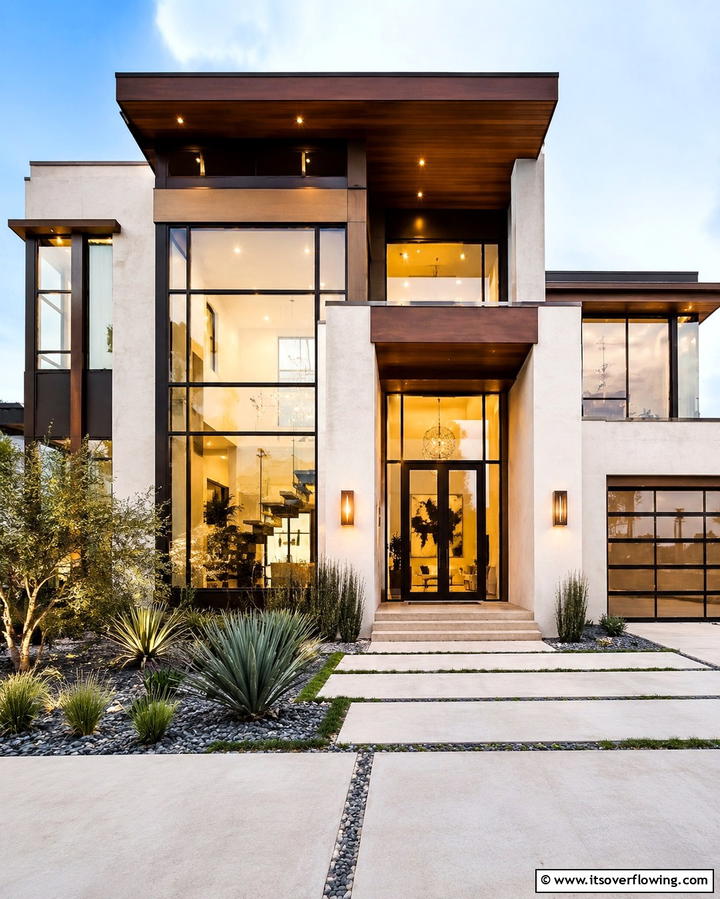Cream and Brown with Glass Elements - 25 Cream and Brown House Exterior Ideas for Warmth