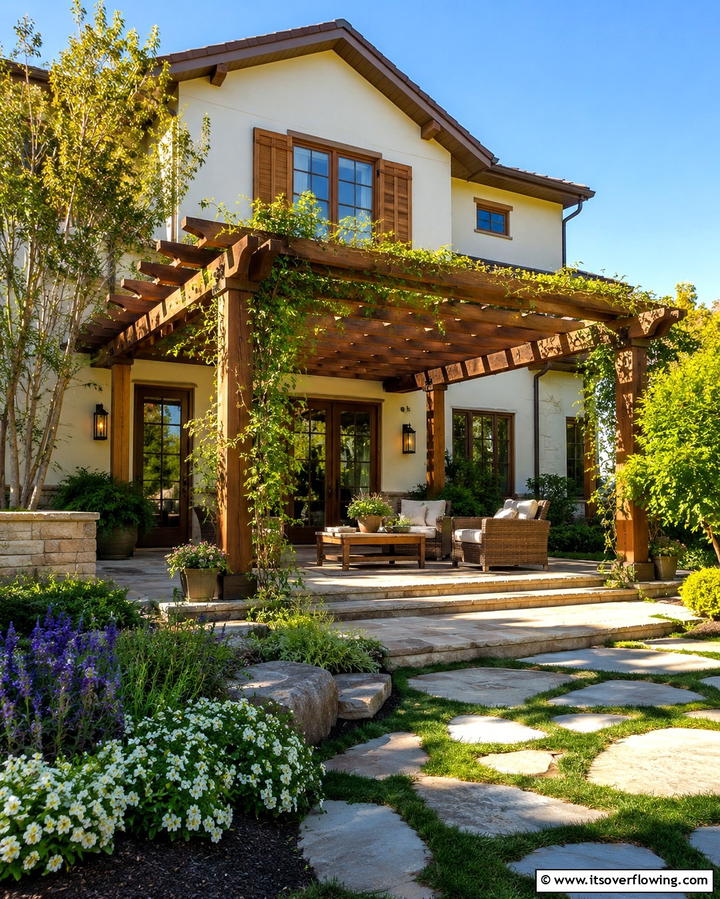 Cream and Brown with Wooden Pergola - 25 Cream and Brown House Exterior Ideas for Warmth