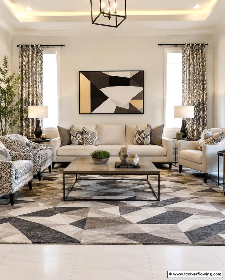 Cream and Geometric Patterns - 25 Cream Living Room Ideas for Elegant Spaces