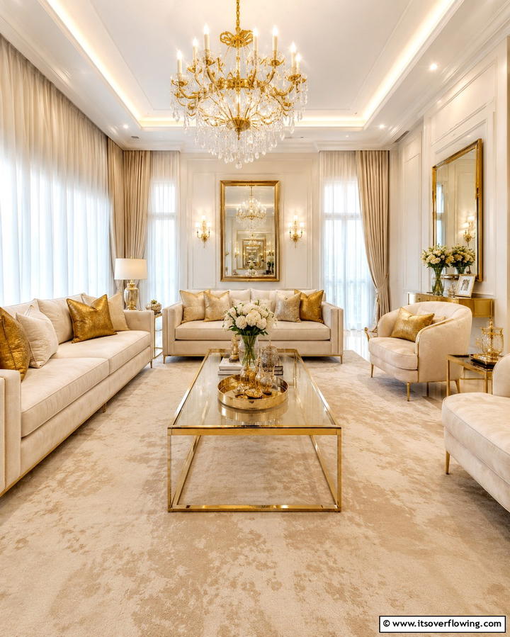 Cream and Gold Accents - 25 Cream Living Room Ideas for Elegant Spaces