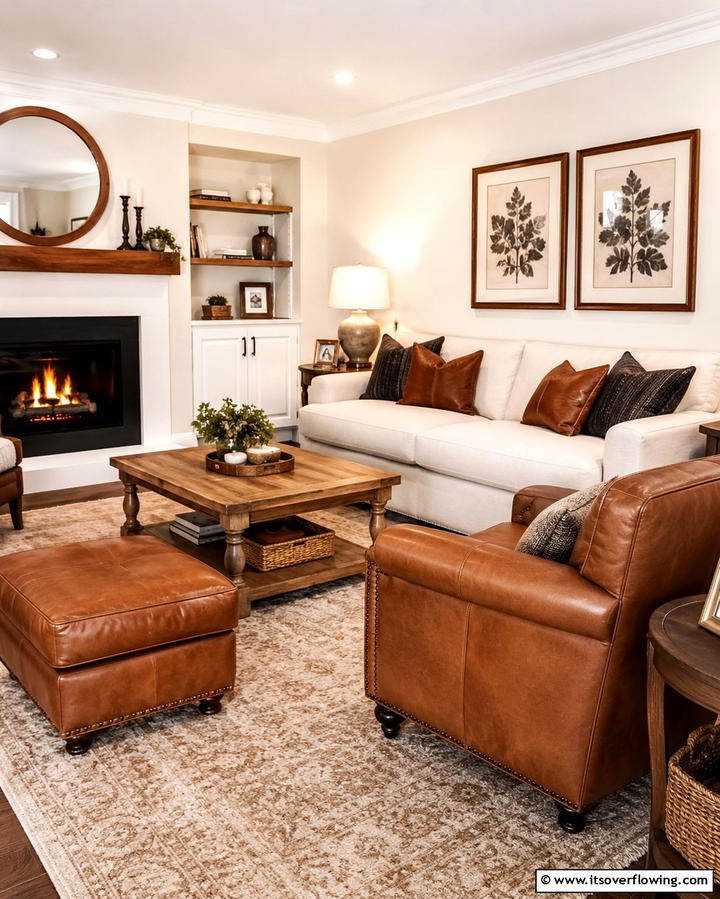 Cream and Leather Accents - 25 Cream Living Room Ideas for Elegant Spaces