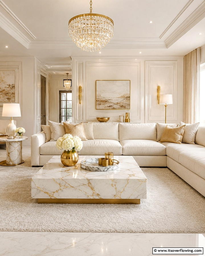 Cream and Marble Touches - 25 Cream Living Room Ideas for Elegant Spaces
