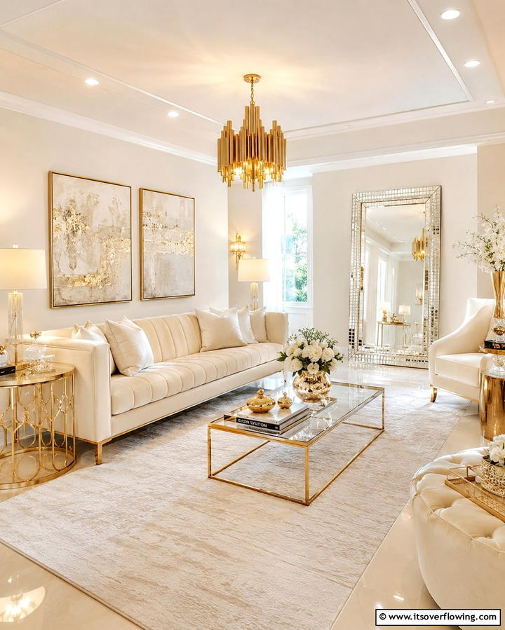 Cream and Metallic Accents for Glamour - 25 Cream Living Room Ideas for Elegant Spaces