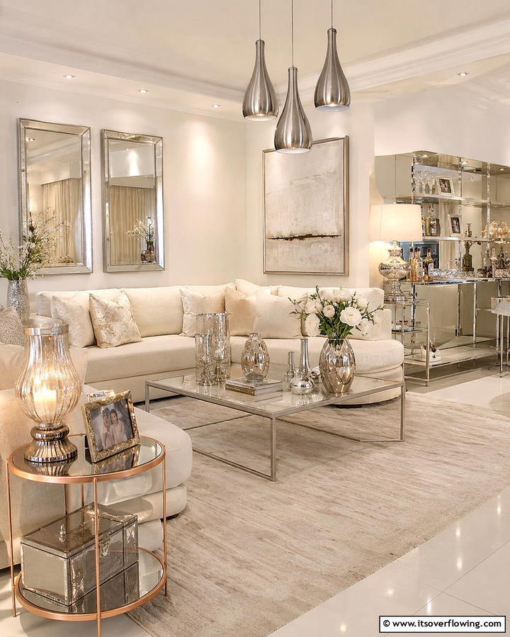 Cream and Metallic Highlights - 25 Cream Living Room Ideas for Elegant Spaces