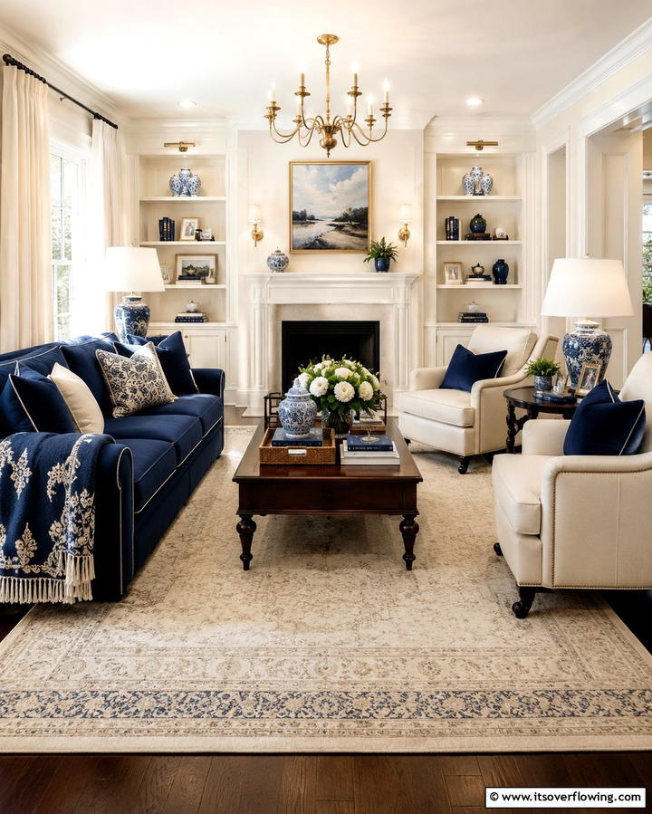 Cream and Navy Blue for Timeless Elegance - 25 Cream Living Room Ideas for Elegant Spaces