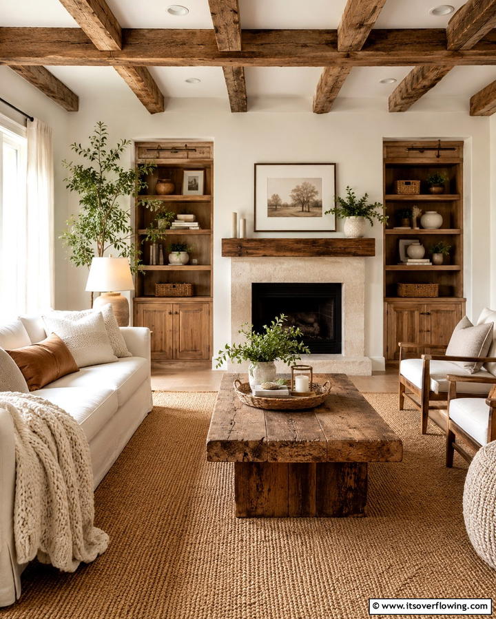 Cream and Rustic Wood Elements - 25 Cream Living Room Ideas for Elegant Spaces