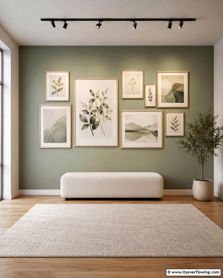Cream and Sage Green Gallery Wall - 25 Sage Green and Cream Living Room Ideas for Serenity