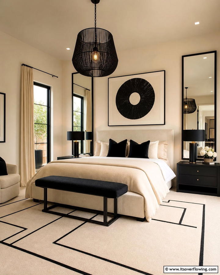 Creamy Elegance with Black Accents - 21 Cream & Black Bedroom Ideas- Sophisticated Contrast