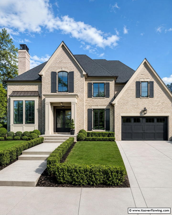 Creamy White and Charcoal Accents - 30 Warm Blonde Brick House Color Schemes for Modern Homes