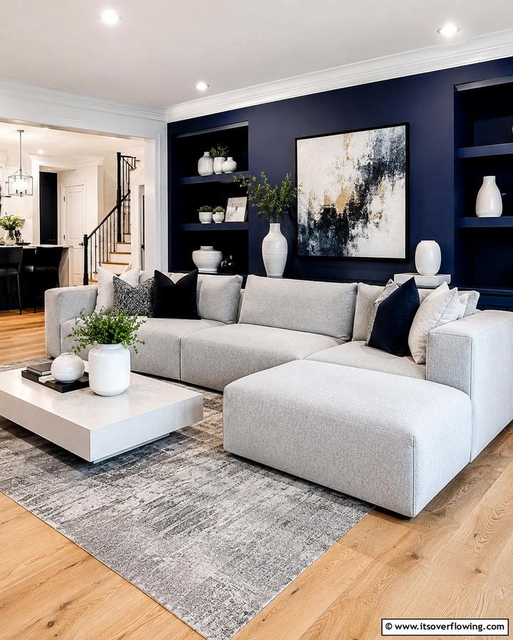 Create Contrast with Dark Walls - 30 Grey Couch Living Room Styling Ideas for Cozy Spaces
