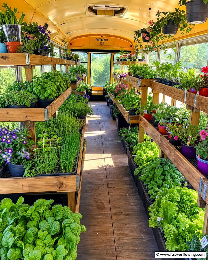 Create Tiered Planting Shelves for Space Optimization - 20 School Bus Greenhouse Ideas for Sustainable Living