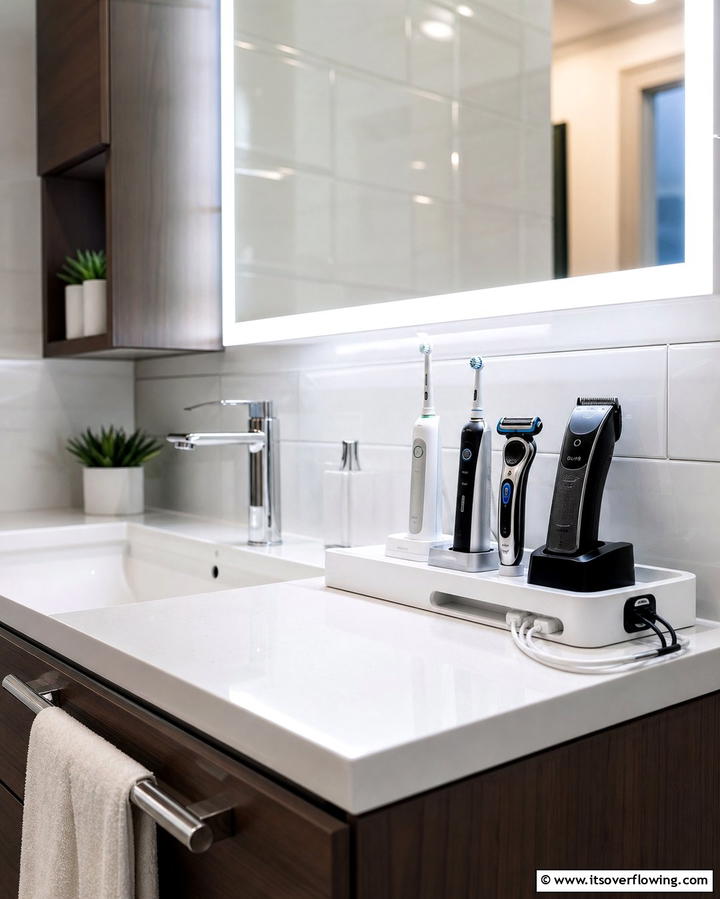 Create a Charging Station for Devices - 25 Bathroom Counter Organization Ideas for a Clutter-Free Space