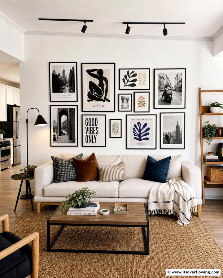 Create a Gallery Wall - 25 Budget Apartment Living Room Ideas for Small Spaces