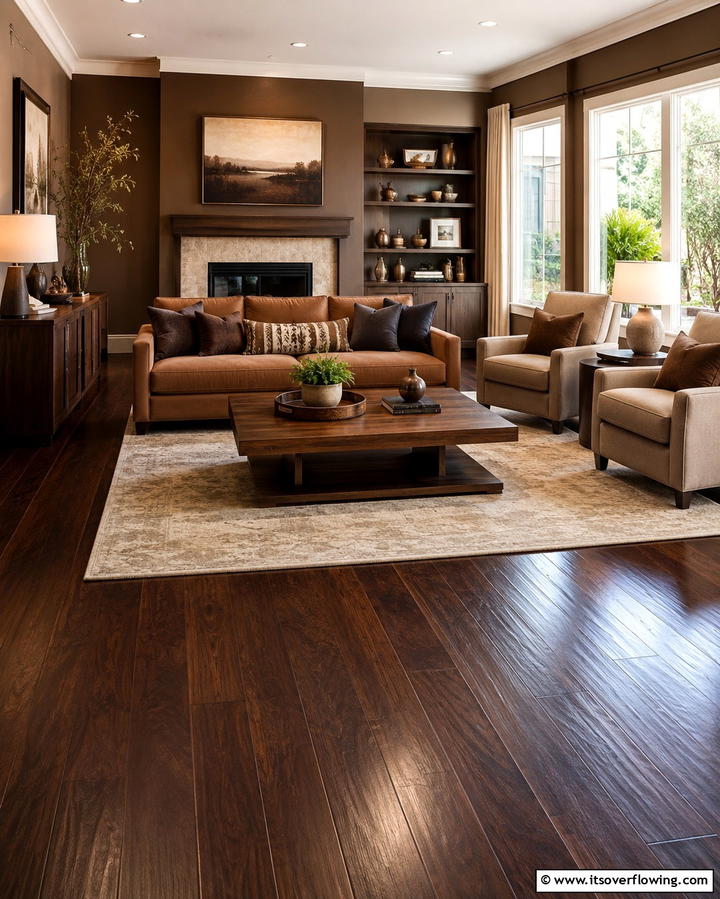 Create a Monochromatic Look - 25 Dark Brown Floor Living Room Ideas for Warmth