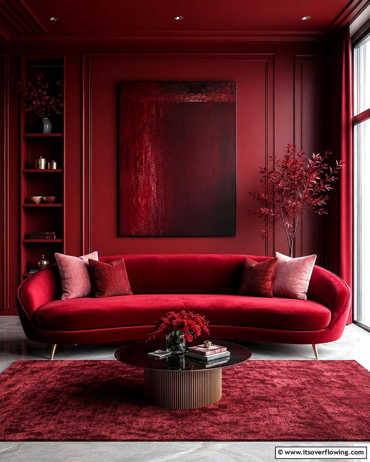 Create a Monochromatic Scheme - 25 Red Couch Living Room Ideas to Make a Statement