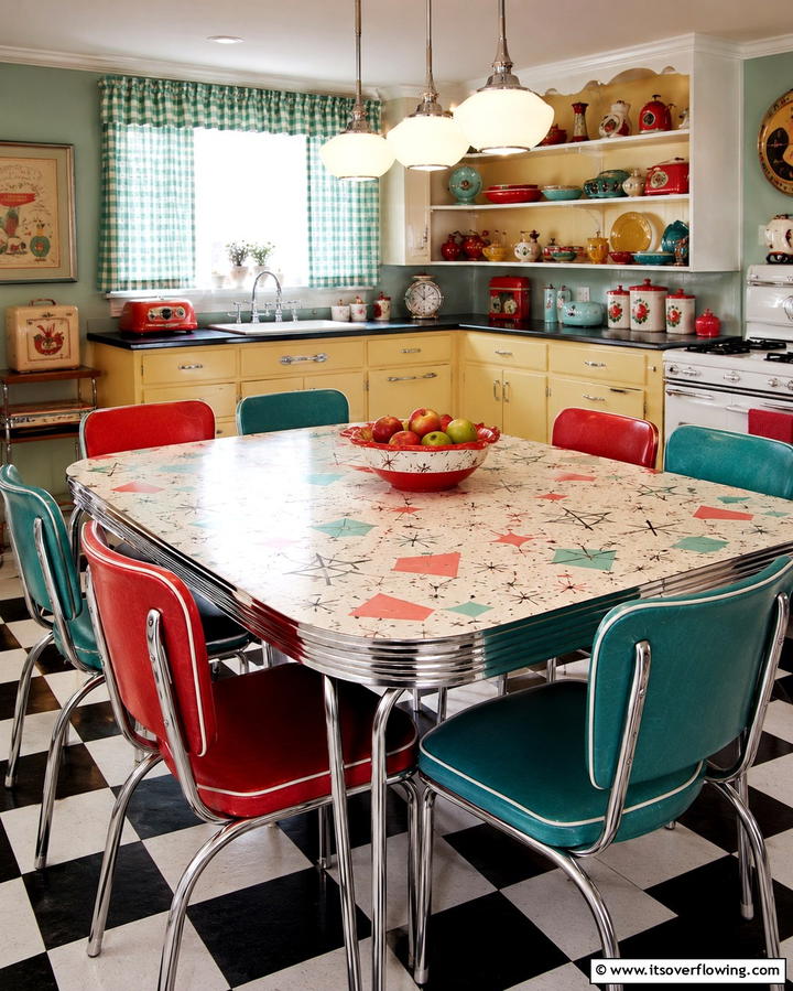 Create a Professional full view and realistic photograph of a 1950s kitchen with - 25 1950s Kitchen Ideas for a Retro Home Makeover