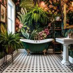 Create a Professional full view and realistic photograph of a maximalist bathrooExact