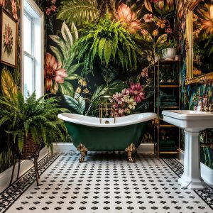Create a Professional full view and realistic photograph of a maximalist bathrooExact