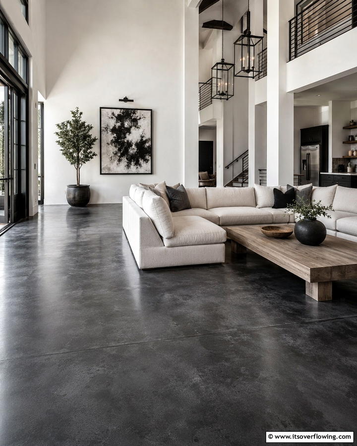 Creating Contrast with Dark Concrete Floors - 25 Rustic Concrete Floor Living Room Ideas for Style