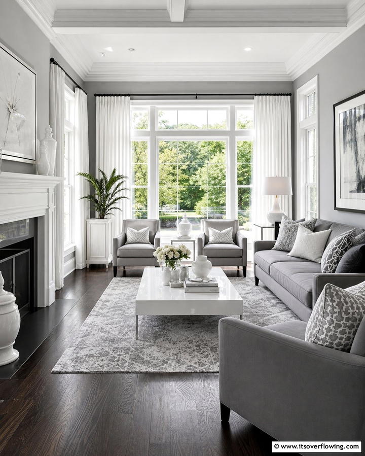 Creating Contrast with White Accents - 30 Grey Living Room & Dark Wood Floor Design Combinations